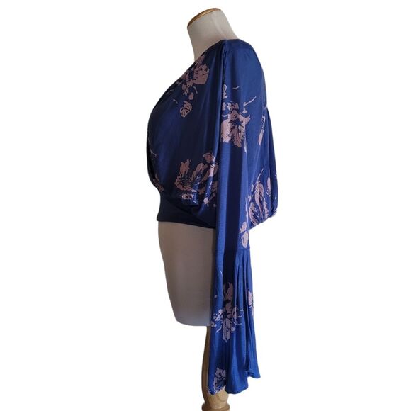 FREE PEOPLE Fiona Wrap Top, Boho, Blue Cobalt, XSmall, Bell Long Sleeves - Picture 5 of 16
